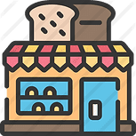 Illustration of a bakery with a blue door, two bread slices on the roof, and a window displaying bread on shelves.
