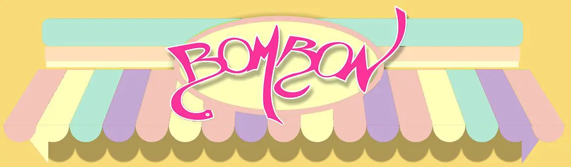 Illustration of a candy shop awning with colorful stripes and the word "Bombow" in bold pink text above.