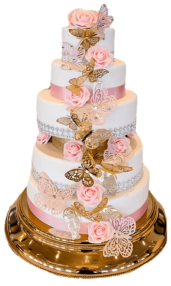 Four-tiered cake with pink roses, silver rhinestone bands, and gold butterflies cascading down, on a gold platter.