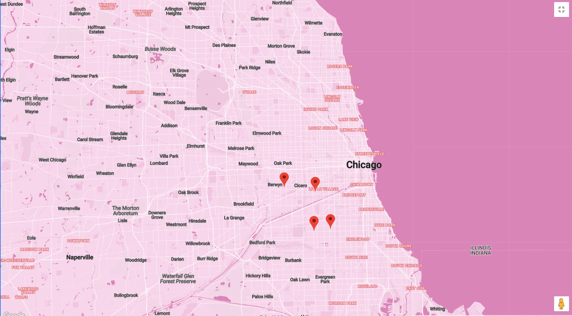 Map showing parts of Chicago and nearby areas with pin markers on specific locations including Cicero and Berwyn.
